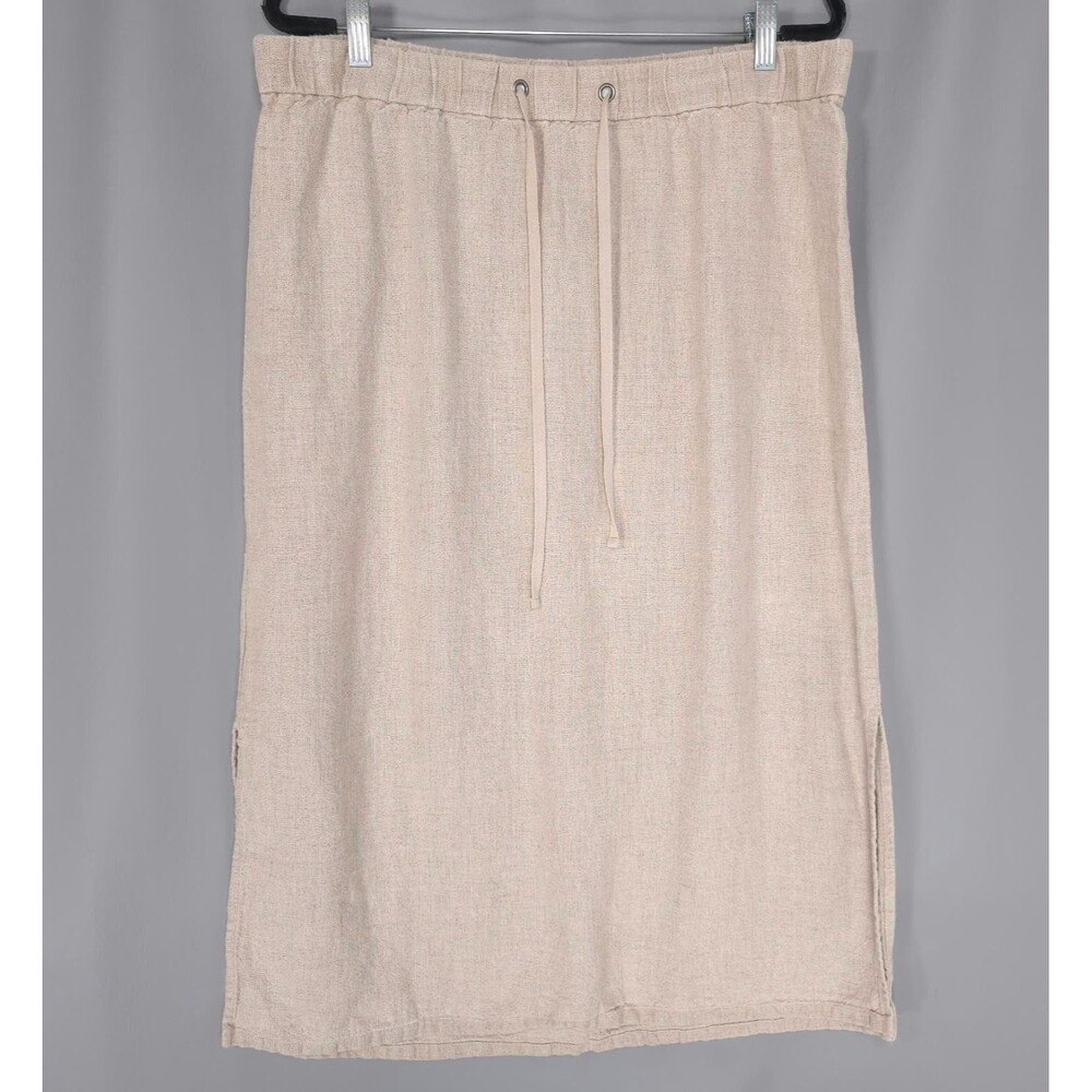 EILEEN FISHER Women's Midi Skirt LARGE Organic Linen Beige Side Slit  S17HLH